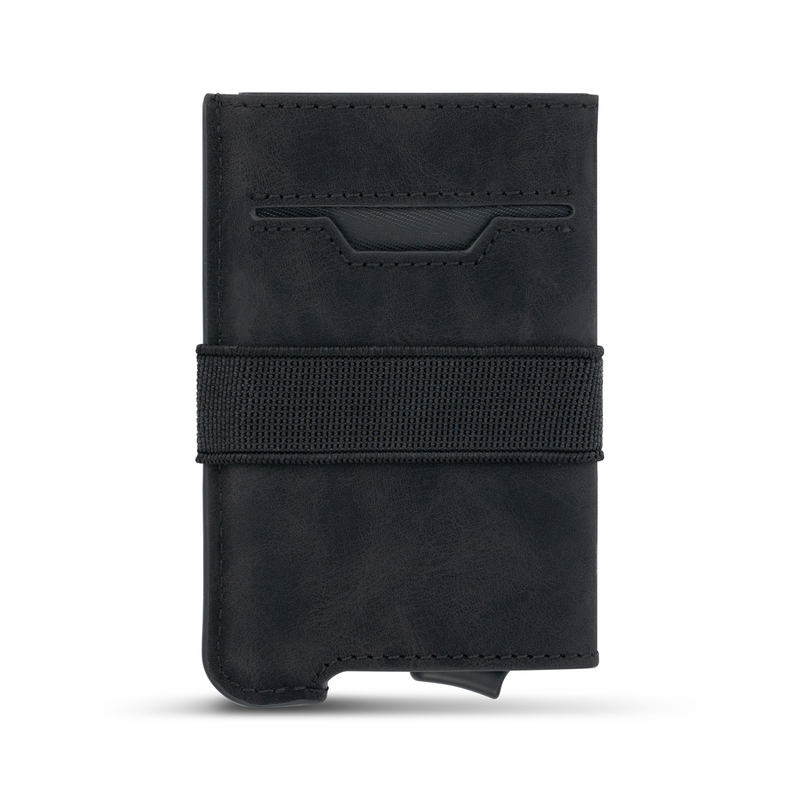 Back view of the LostProof CardHold Luxe – a premium black RFID-blocking wallet with a leather-textured finish. The wallet features a horizontal stitched card slot for quick access, an elastic strap for securing cash or additional cards, and a discreet quick-access card ejector mechanism at the bottom for added convenience.