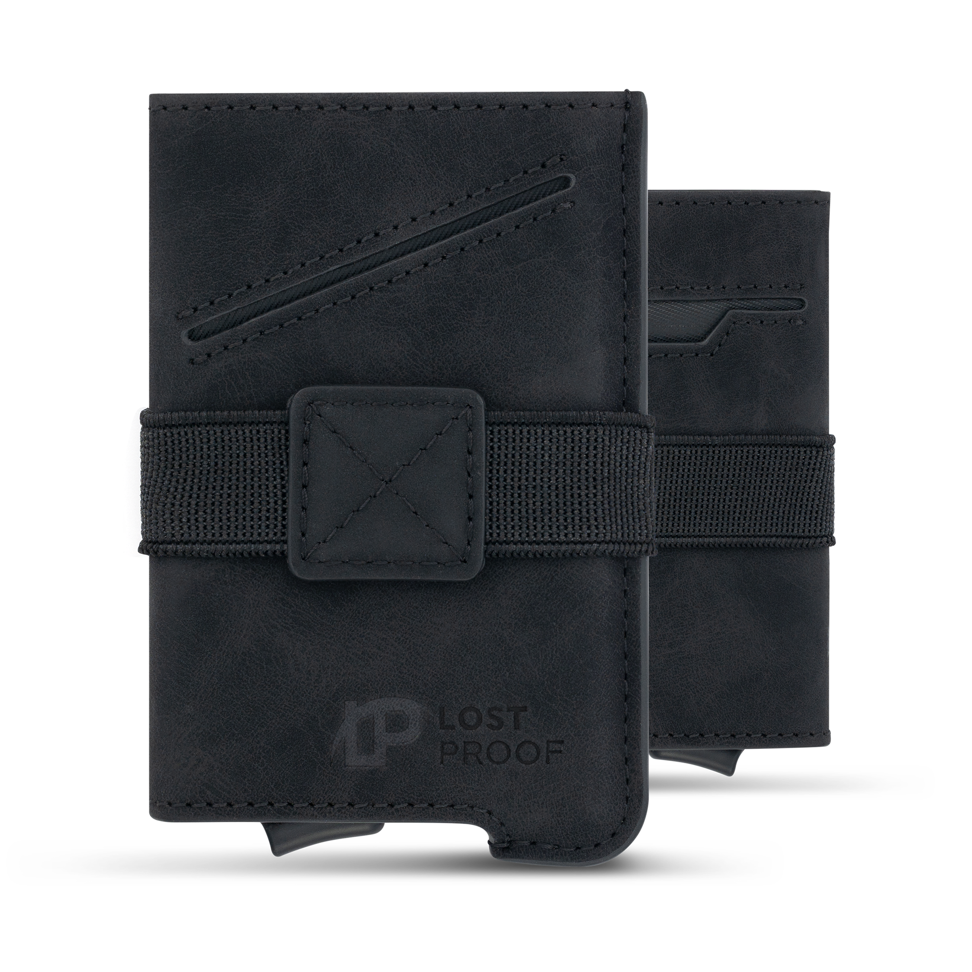 LostProof CardHold Luxe – a premium black RFID-blocking wallet with a leather-textured finish, combining style and security. The wallet features elegant diagonal stitching, an elastic strap with a reinforced leather patch for securing cash, and a discreet LostProof logo embossed on the lower front. A quick-access card ejector mechanism at the bottom enhances convenience. Shown from both front and back views, highlighting its sleek and functional design.