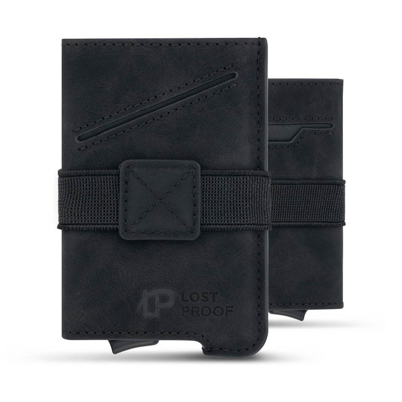 LostProof CardHold Luxe – a premium black RFID-blocking wallet with a leather-textured finish, combining style and security. The wallet features elegant diagonal stitching, an elastic strap with a reinforced leather patch for securing cash, and a discreet LostProof logo embossed on the lower front. A quick-access card ejector mechanism at the bottom enhances convenience. Shown from both front and back views, highlighting its sleek and functional design.