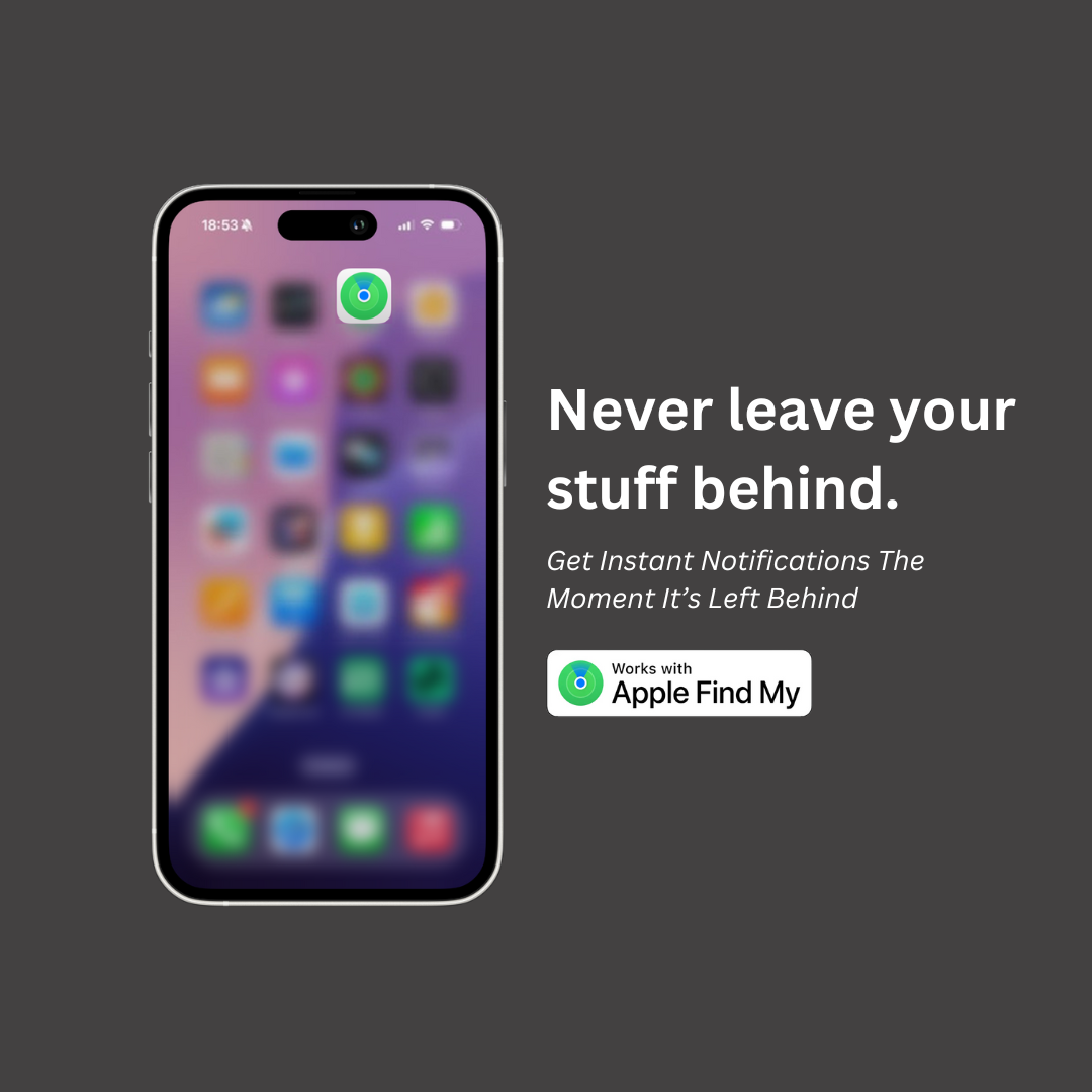 Smartphone with app icons on a dark background, promoting Apple Find My service.