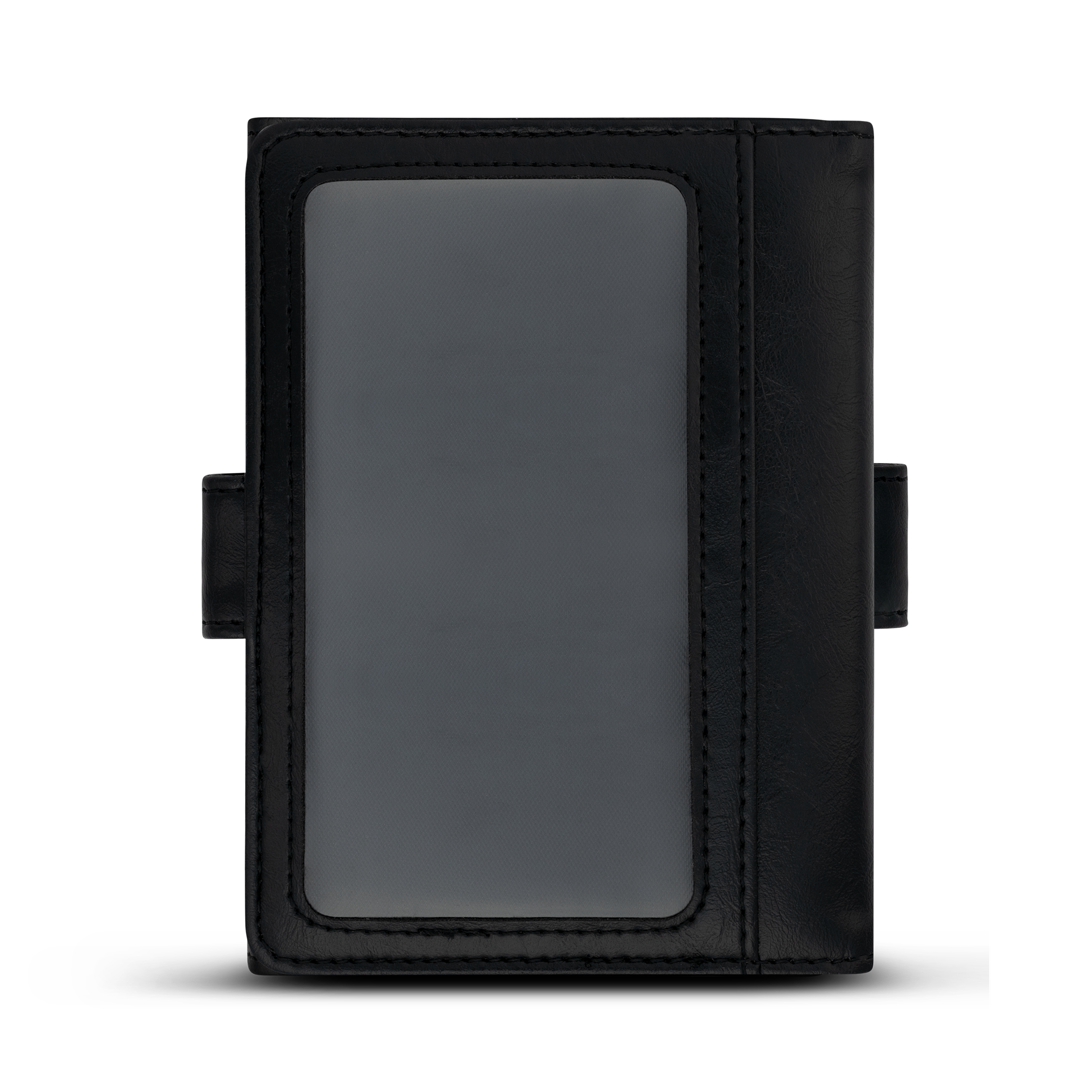 Rear view of the LostProof CardPass, a black leather GPS-tracked passport holder. The back features a transparent ID window with a stitched border, designed for easy access to travel documents. A side strap is visible, enhancing security and functionality.