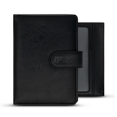 LostProof black GPS-tracked passport holder shown from both front and back, featuring RFID protection, a secure magnetic closure, and a transparent ID slot.