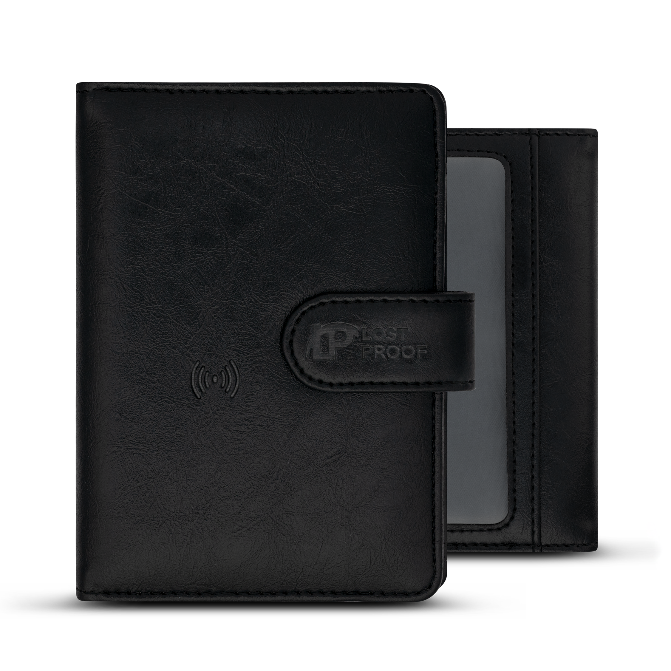 LostProof black GPS-tracked passport holder shown from both front and back, featuring RFID protection, a secure magnetic closure, and a transparent ID slot.