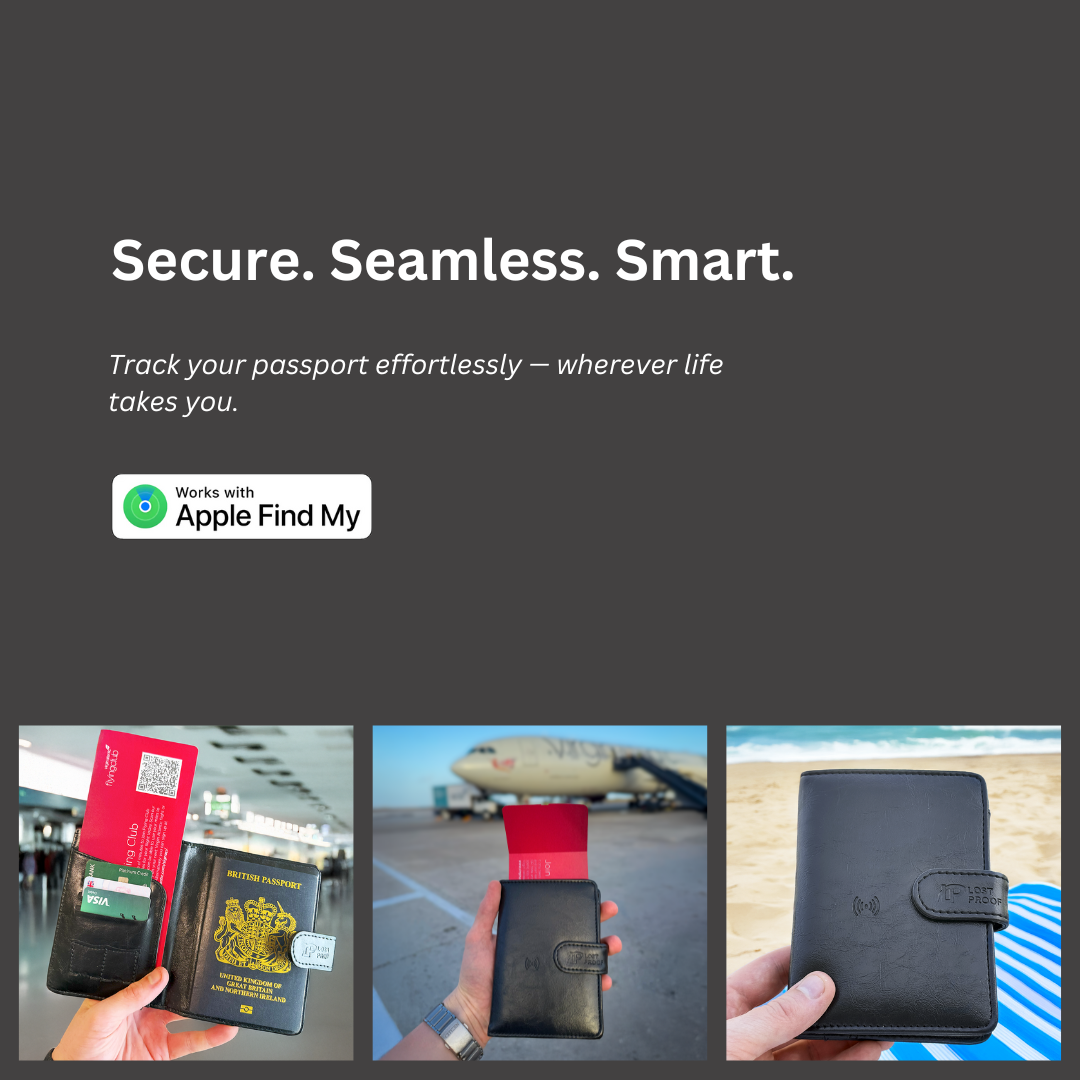 Product display with text 'Secure. Seamless. Three images of LostProof CardPass travel wallet in use. Middle image shows passport cover on virgin Atlantic flight. 