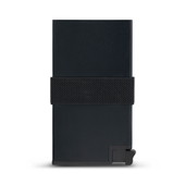 Back view of the LostProof CardHold Pro – a sleek, black RFID-blocking aluminum wallet with a minimalist design. The wallet features a durable elastic strap for securing cash or extra cards and a discreet quick-access card ejector mechanism at the bottom for convenience and security.