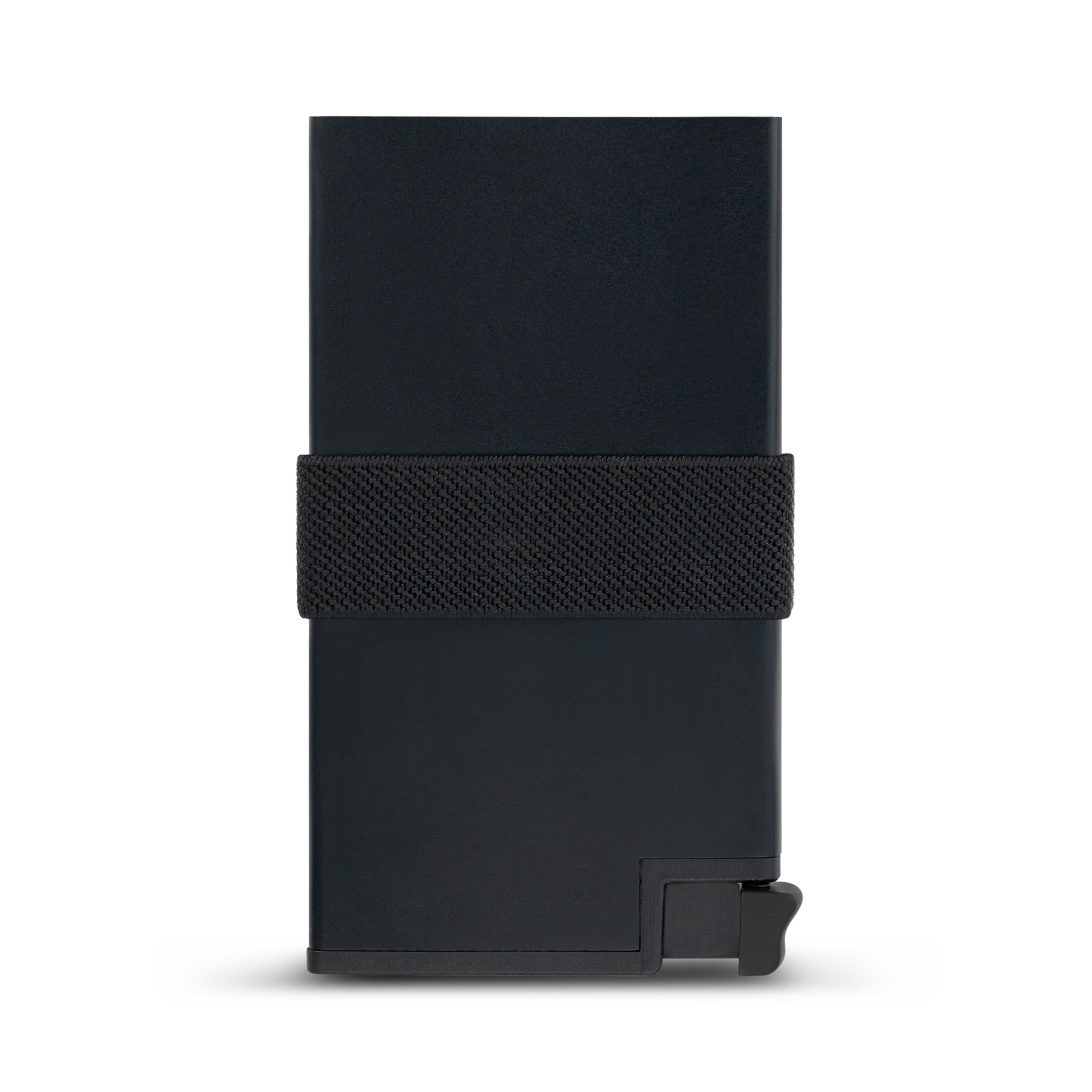 Back view of the LostProof CardHold Pro – a sleek, black RFID-blocking aluminum wallet with a minimalist design. The wallet features a durable elastic strap for securing cash or extra cards and a discreet quick-access card ejector mechanism at the bottom for convenience and security.