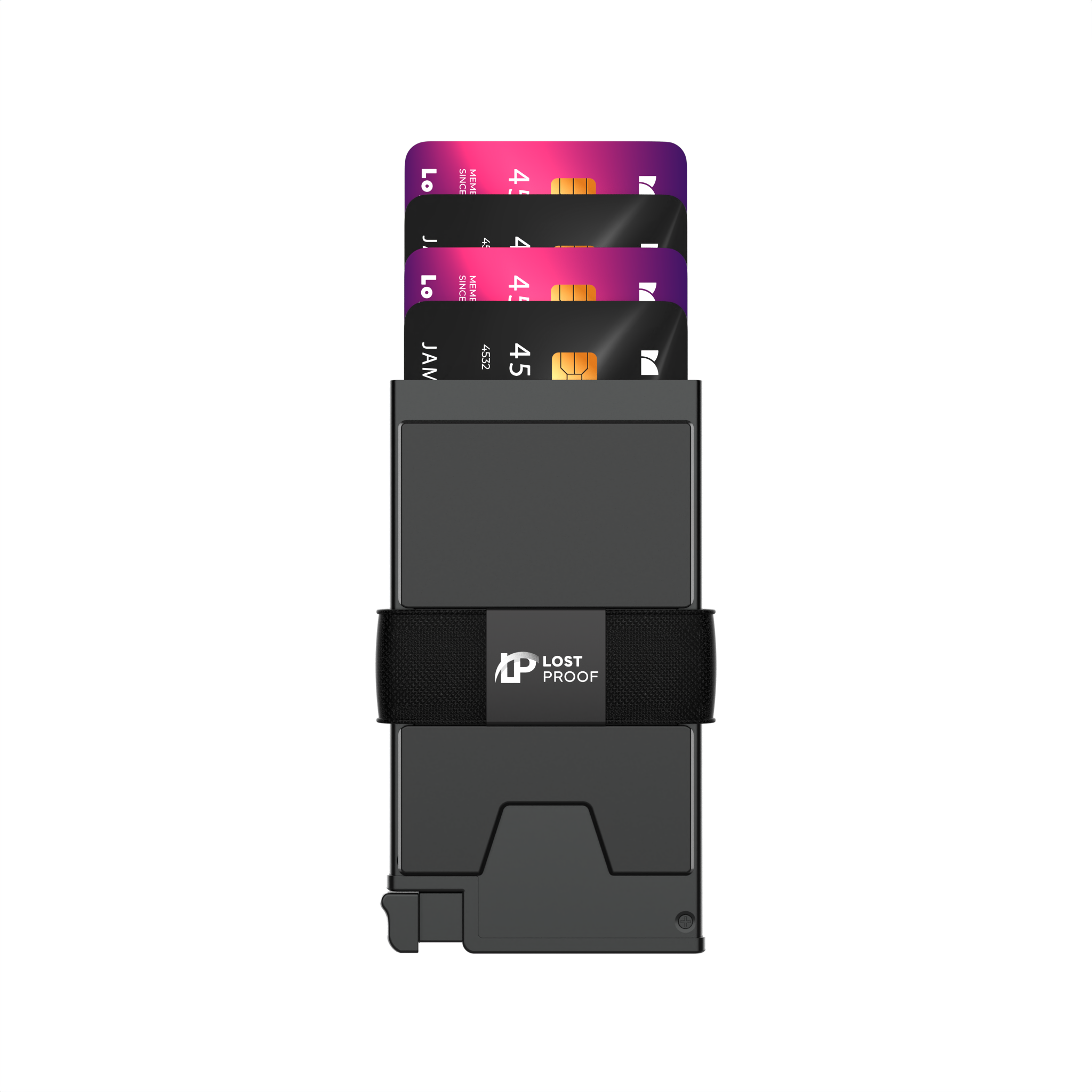 LostProof CardHold Pro – a sleek, black RFID-blocking aluminum wallet with a slim, modern design. The wallet features a black elastic strap with a LostProof-branded metal plate for securing cash or additional cards. Several colorful credit cards are partially ejected using the wallet’s quick-access card ejector mechanism, showcasing its convenient and organized storage system.