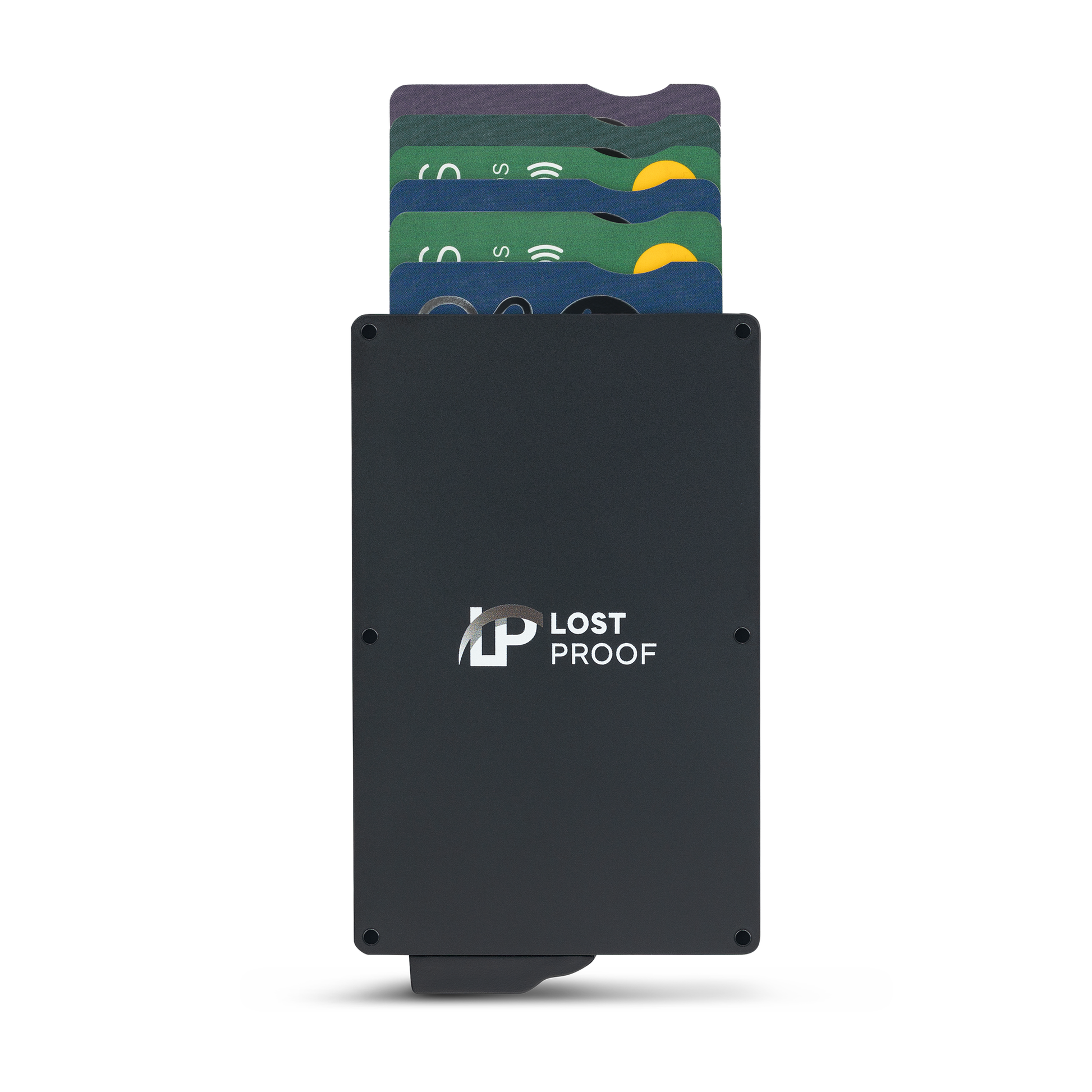LostProof CardHold Mini – a compact, black RFID-blocking aluminum wallet with a minimalist and durable design. The wallet features the LostProof logo on the front and a quick-access card ejector mechanism at the bottom. Several colorful credit cards are partially ejected, showcasing its organized and secure storage system.
