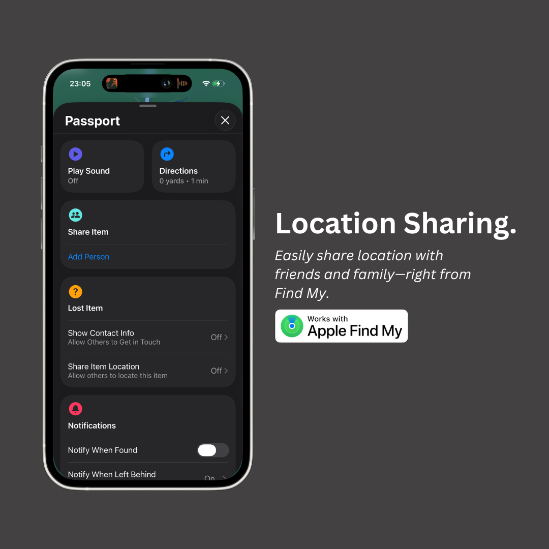 Phone screen showing location sharing features with Apple Find My integration on a dark background for LostProof Wallet Finder.