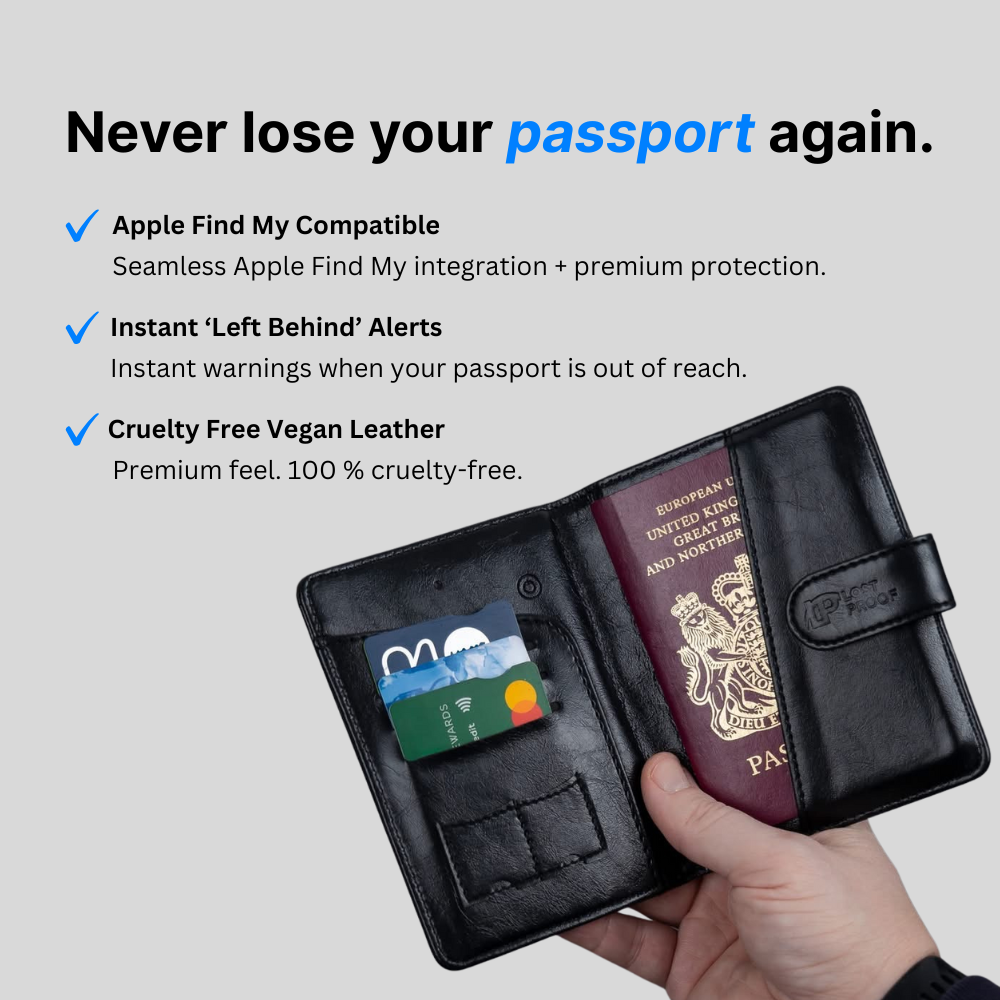 Black passport holder with a passport and card, featuring Apple Find My compatibility and other features.