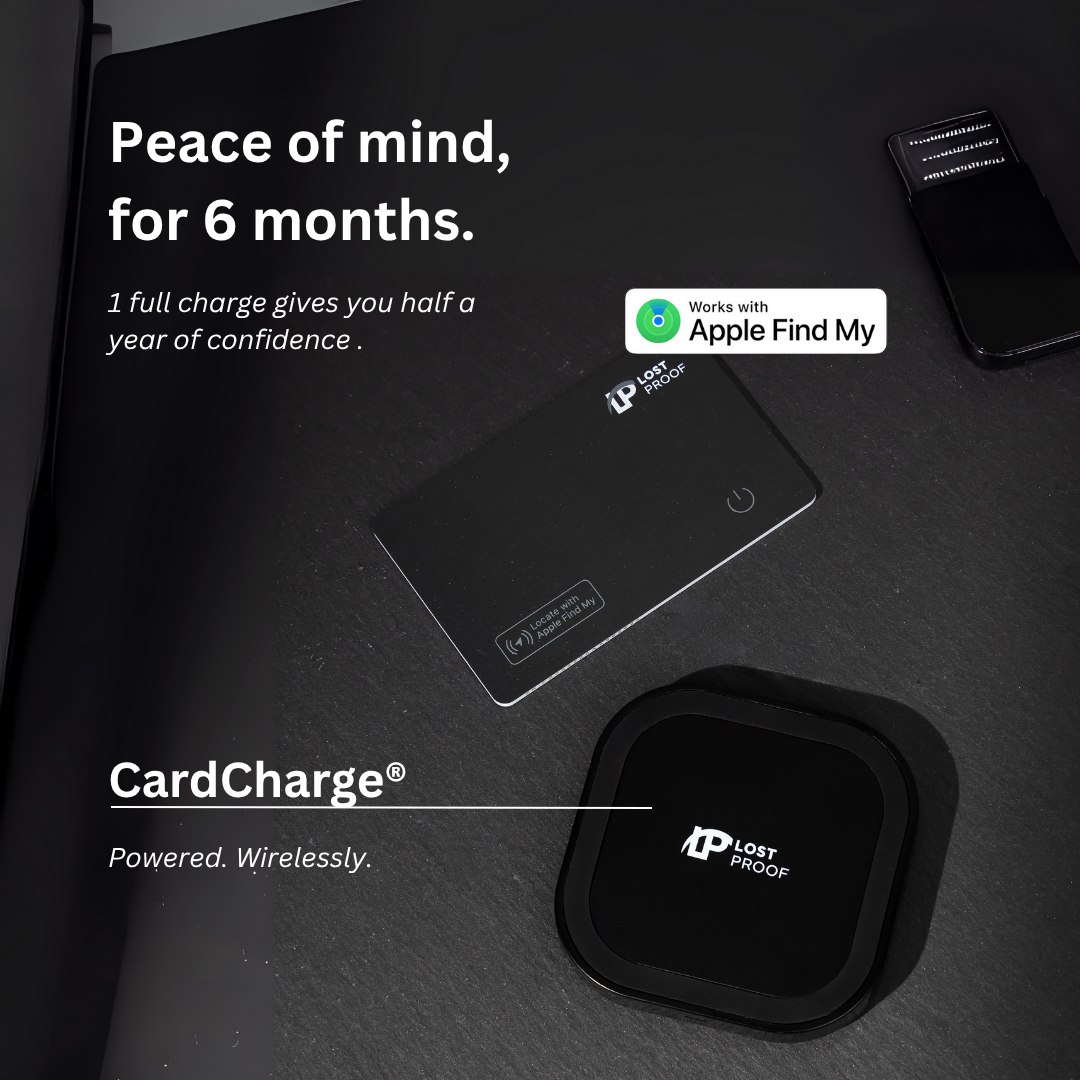 Lost Proof CardCharge device on a dark surface with text about peace of mind and Apple Find My integration.