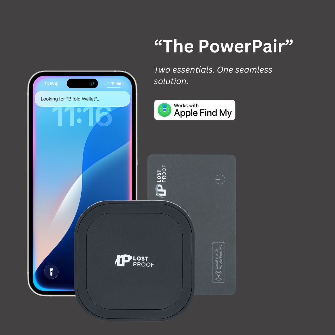 LostProof CardCharge wireless charger bundled with CardTrack wallet finder card.
