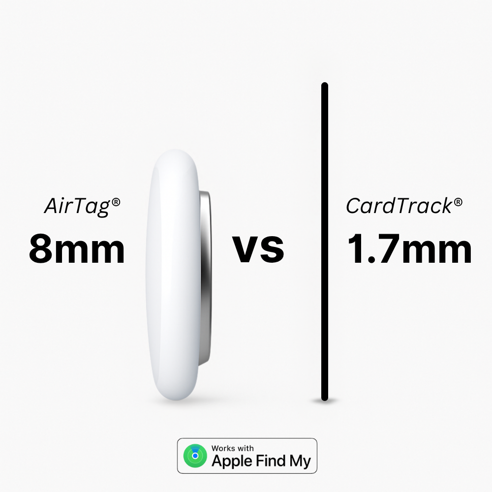 Comparison of AirTag and CardTrack thicknesses on a white background