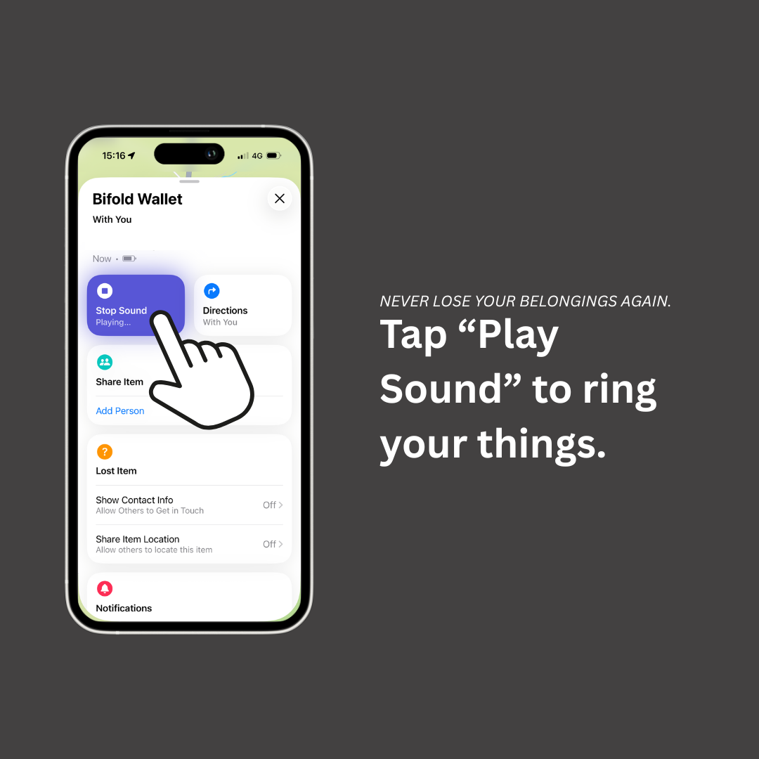 Smartphone displaying a Bifold Wallet on FindMy app interface with a dark background. Item found due to LostProof CardTrack wallet finder card.